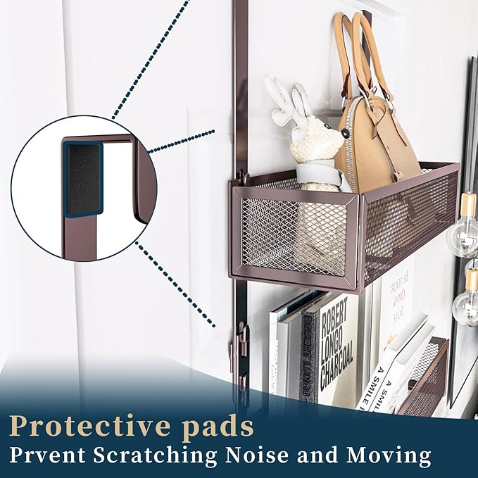 Consumest Over The Door Hooks Organizer - Extra Long Door Hanger with 9 Coat Hooks & 2 Mesh Basket, Back Storage Organizer Hanging Towels for Bathroom, Bedroom, Bronze (for 1.76in Doors)