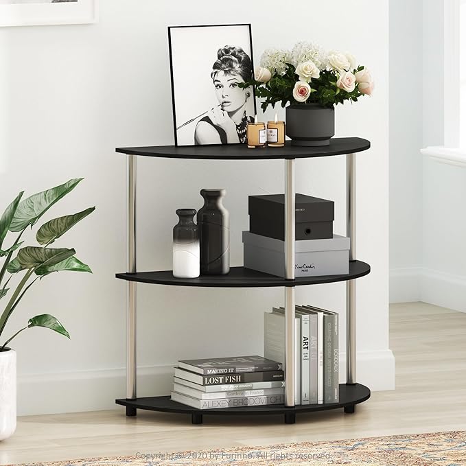 Furinno Frans Turn-N Half Round Console Table with Stainless Steel Tubes, Black Oak 15.6D x 31.1W x 30.8H in-NeatNest