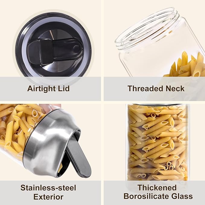 34oz Glass Food Jars Canisters, Wide Mouth Storage Jars with Airtight Lids, Clear Food Storage Containers for Flour, Cereal, Coffee, Nuts & More
