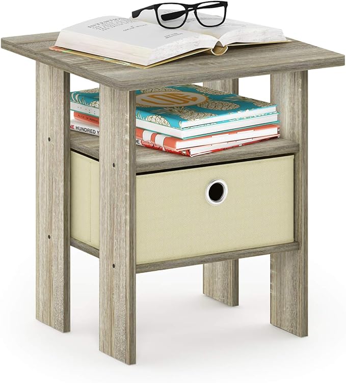 Furinno Andrey End Table / Side Table / Night Stand / Bedside Table with Bin Drawer, Sonoma Oak/Ivory