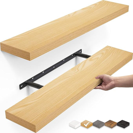 BAYKA Floating Shelves, 22.5" Wall Mounted Wood Shelves for Bathroom, Bedroom, Living Room, Kitchen, Hanging Shelf for Books/Storage/Decor (Oak-Toned,Set of 2)-NeatNest
