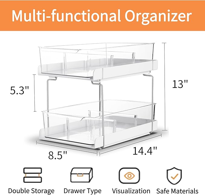 vacane 13" Clear Pull-Out Organizer with Adjustable Dividers - 2-Tier Bathroom & Kitchen Storage Bins for Vanity, Under Sink Cabinets, Pantry