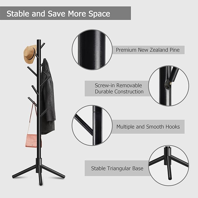 Wooden Coat Rack, Free Standing Coat Rack with 8 Hooks 3 Adjustable Heights for Clothes, Hats, Handbags, Coat Tree Easy Assembly for Entryway, Bedroom, Hallway, Office (New Black)-NeatNest
