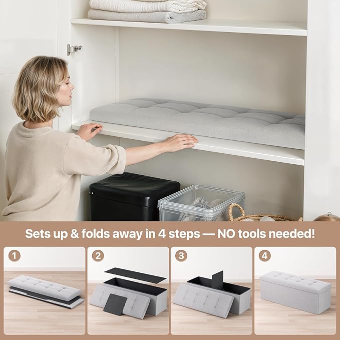 Ottoman Folding Storage Bench, 43x15x15 Inch, Foot Rest Stool for Living Room, Bedroom, Entryway, End of Bed - Multi-Functional Ottoman with Storage Light Gray