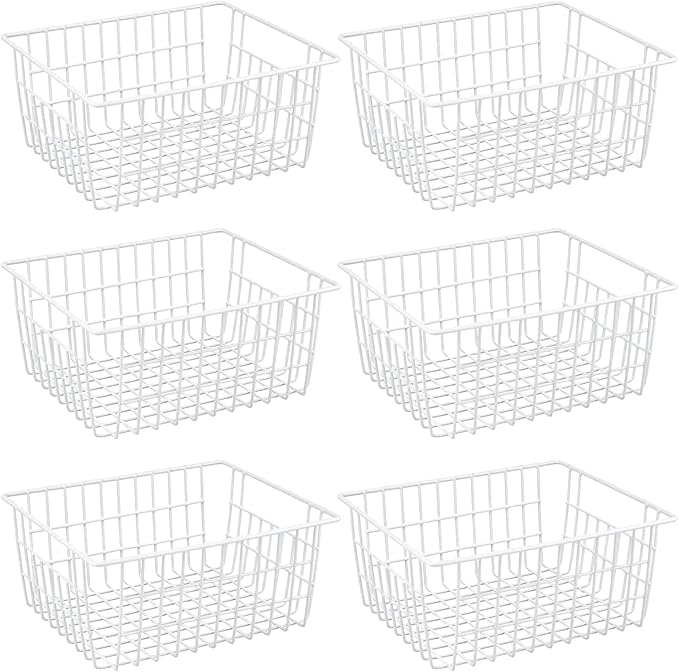 iPEGTOP Wire Storage Freezer Baskets, Set of 6 Large 15.4" Farmhouse Organizer Storage Bins Fridge Basket Rack with Handles for Kitchen Cabinets, Pantry, Office, Bathroom Organization - White