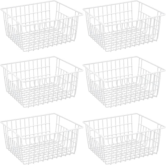 iPEGTOP Wire Storage Freezer Baskets, Set of 6 Large 15.4" Farmhouse Organizer Storage Bins Fridge Basket Rack with Handles for Kitchen Cabinets, Pantry, Office, Bathroom Organization - White
