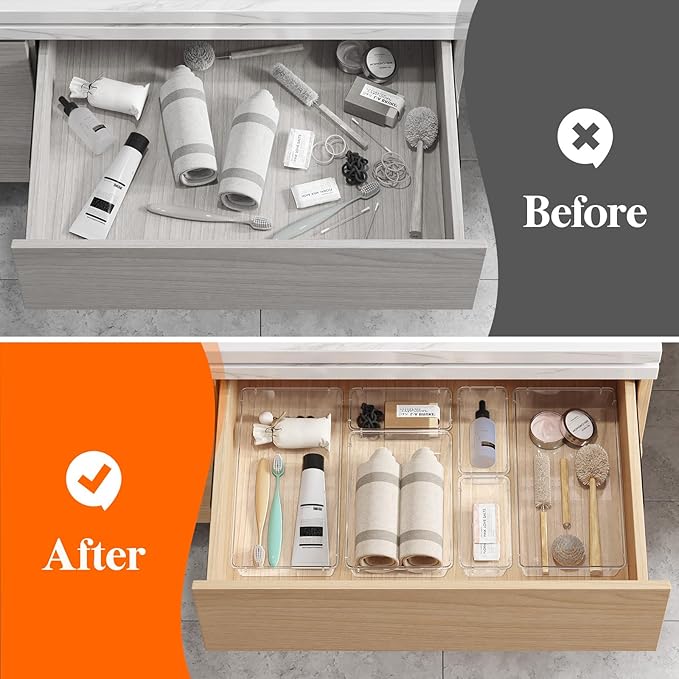 Lifewit 6 Pcs Large Bathroom Drawer Organizers, 3 Sizes Clear Plastic Storage Organizer Trays for Make Up, Kitchen Utensils, Vanity Accessories in Bathroom/Office/Dresser Organization