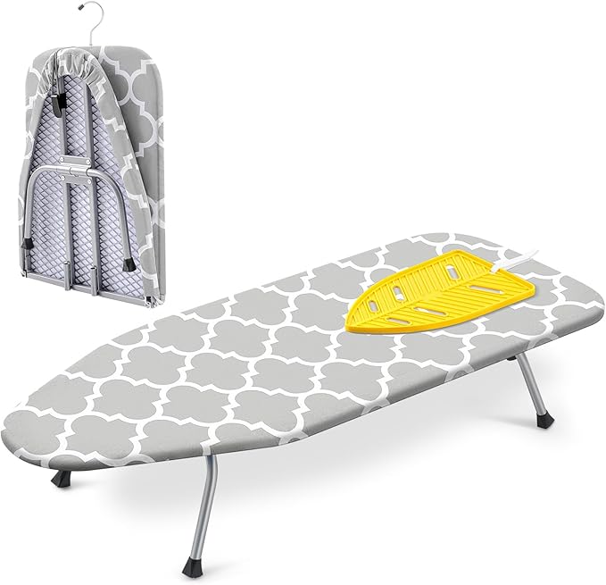 Chunful Tabletop Ironing Board with Iron Rest 32 x 12 Inch Small Compact Travel Foldable Ironing Board with Silicon Mat Portable Non Slip Feet Table for Dorm and Small Space(Fresh,Light Gray)