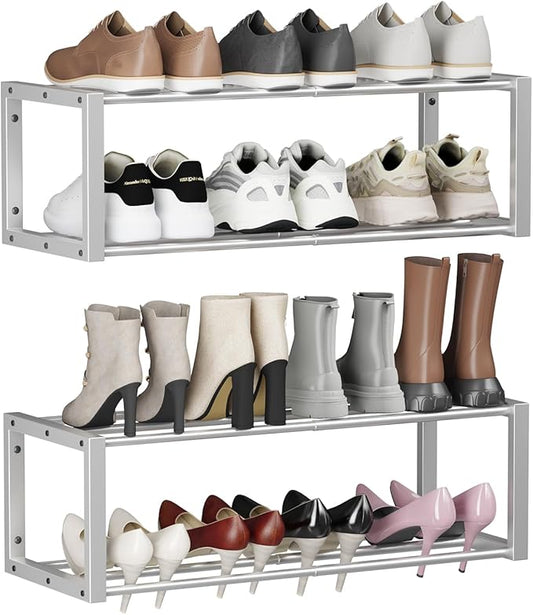 Homeiju Hanging Shoe Organizer,2 Pack Wall Mounted Shoe Rack Holds 12 Pairs,Space Saving Metal Wall Shoe Rack,Hanging Shoe Rack Shoe Holder for Small Space,Entryway,Closet,RV,Camper (Silver)-NeatNest