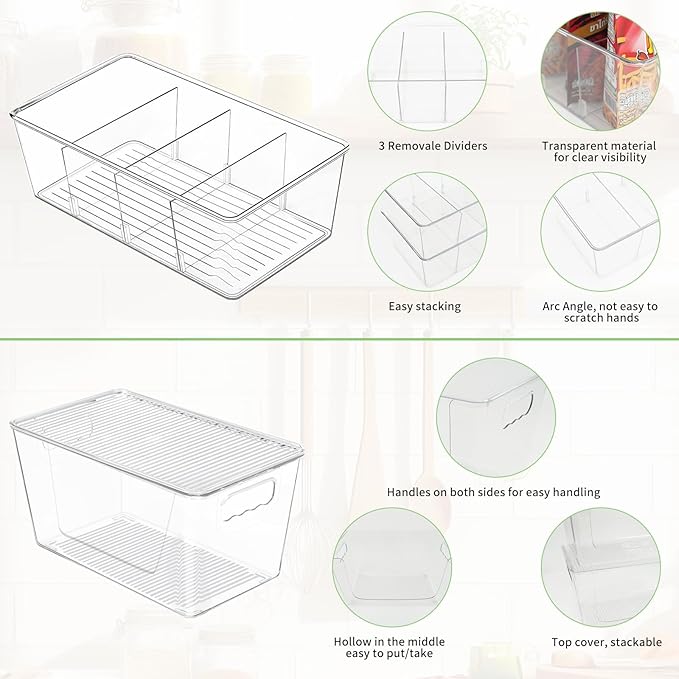 4 Pack Clear Plastic Storage Bins Snack Organizers with Lids Handle for Home Organization Kitchen Cabinet Fridge Laundry Room Office Closet Garage Freezer-NeatNest
