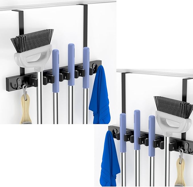Broom Holder Door Mount, Over the Door Broom and Mop Holder, Drilling-Free Wood Mop Holder with 2 over Door Hooks, 4 Slots & 4 Hooks Rusticfor Garage, Closet, Laundry (Black*2)-NeatNest