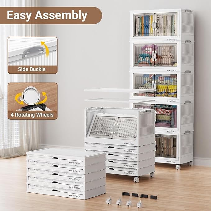 240Qt Stackable Storage Bins with Lid, Extra Large Closet Organizer Collapsible Drawer Boxes with Wheels, Folding Plastic Cabinet Containers for Home Kitchen Room Organization, 4Pack White