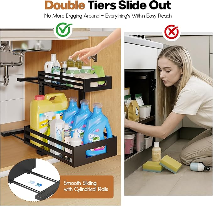 1-Pack Under Sink Organizers and Storage,2-Tier L Shape Pull Out Cabinet Organizer With Round Tube Slide Rails,Hight Adjustable Slide Out Drawers for Kitchen&Bathroom,Multi-Purpose Storage Shelf-Black-NeatNest