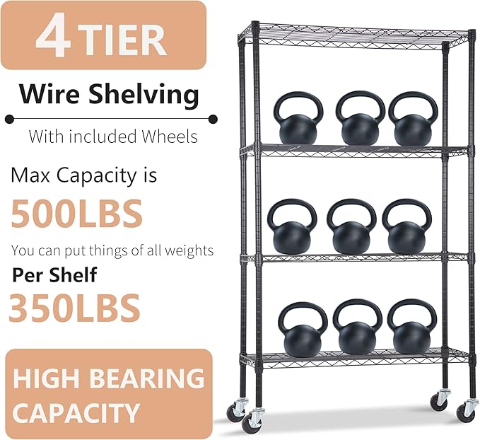 4-Tier Adjustable NSF-Certified Metal Shelf 36L x 14W x 62H Wire Shelving Unit Storage with Wheel for Small Places Restaurant Garage Pantry Kitchen Garage Rack,Black-NeatNest