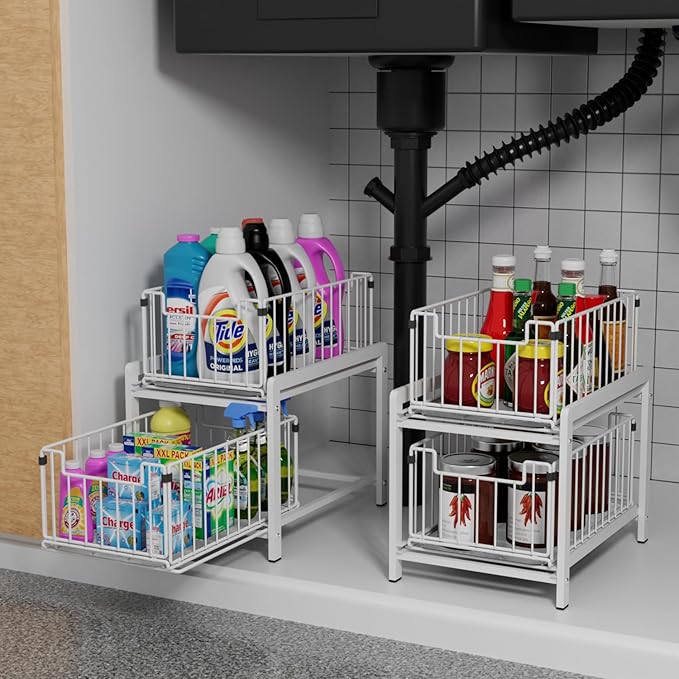 2 Tier Sliding Basket Drawer Organizer, Pull Out Under Sink Cabinets Organizers, Metal Home Shelf for Bathroom or Kitchen, Sliding Countertop or Pantry Storage Shelf, Large White-NeatNest