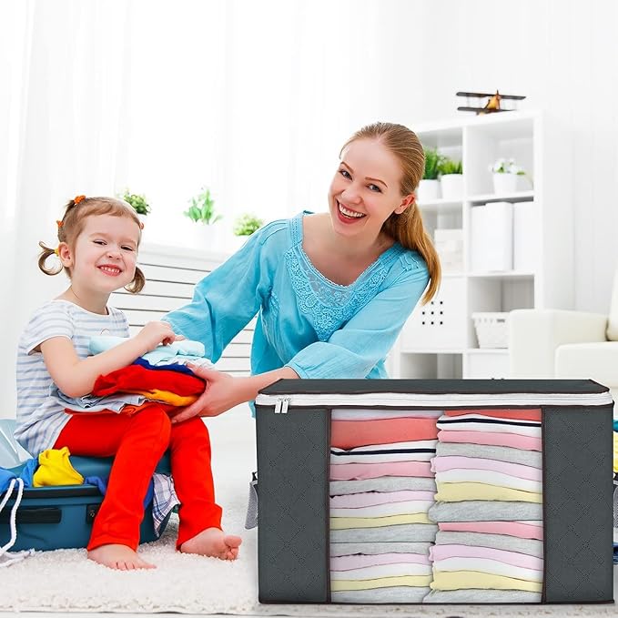 Large Storage Bags, 3 Pack Clothes Storage Bins Foldable Closet Organizers Storage Containers with Durable Handles Thick Fabric for Blanket Comforter Clothing Bedding 90 L (Gray)-NeatNest