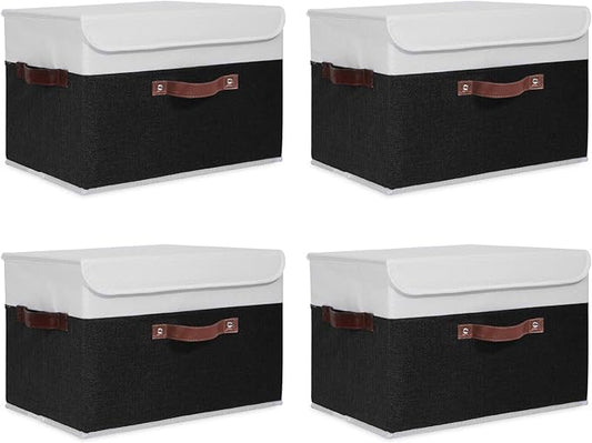 ANMINY 4PCS Storage Boxes with Lid Washable Decorative Storage Bins Basket with PU Leather Handle Foldable Linen Fabric Storage Cubes Containers for Home Closet Organizer - Black White, Large Size-NeatNest