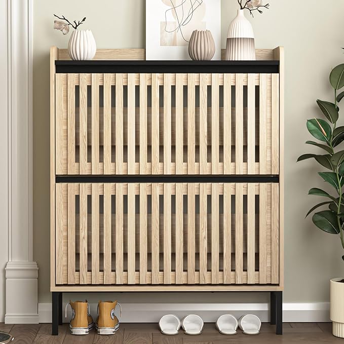 Vibe & Dine 2 Flip Drawer Shoe Cabinet, Narrow Shoe Organizer with Metal Legs, Freestanding Shoe Storage Cabinet for Entryway Slim, Wood Shoe Rack Cabinet for Hallway, Bedroom-NeatNest