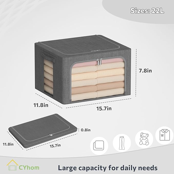 Clothes Storage Bins Box - Linen Fabric Foldable Stackable Container Organizer Set with Clear Window & Carry Handles & Metal Frame - 2Pack Large Capacity for Bedding, Blankets, Books-NeatNest