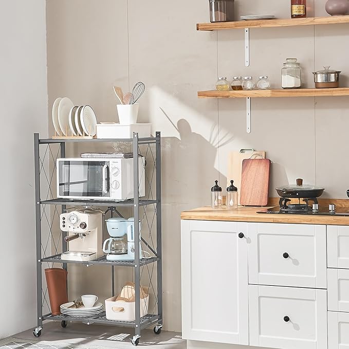 BRIAN & DANY 4-Shelf Foldable Storage Shelves with Wheels, Folding Metal Rack Shelving Unit, Heavy Duty No Assembly Organizer Shelf for Garage, Kitchen, Basement, Pantry, Gray-NeatNest
