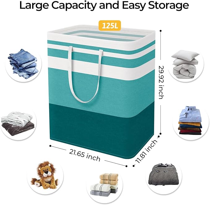 HomeHacks 2-Pack Large Laundry Basket, Waterproof, Freestanding Laundry Hamper, Collapsible Tall Clothes Hamper with Extended Handles for Clothes Toys in the Dorm and Family (Green, 125L)-NeatNest