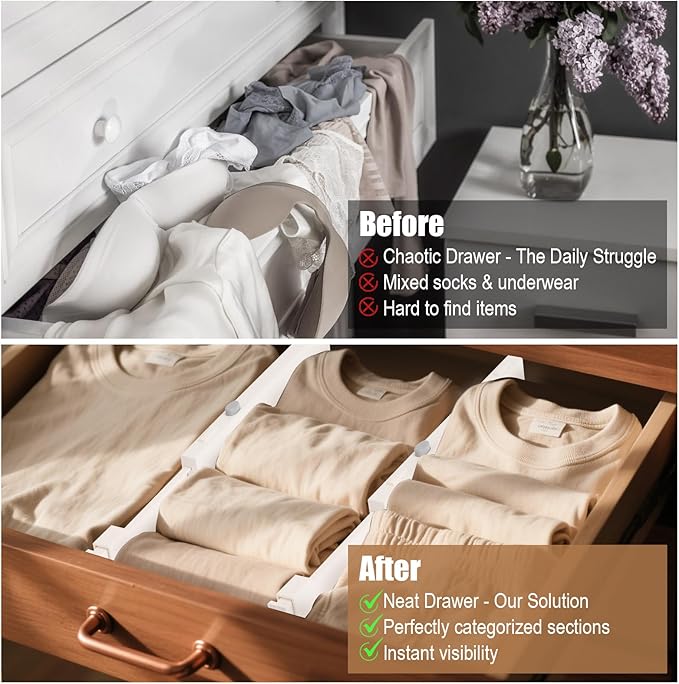 4 Pack 3.8" High Drawer Dividers, 11"-17" Expandable Drawer Organizer For Clothes, Dresser Drawer Organizer, Drawer Separators for Baby Clothes, Vanity, Kitchen and Office Storage, Warm White-NeatNest
