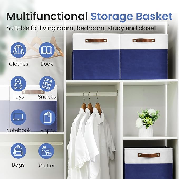 6-Pack Collapsible Fabric Storage Cubes with Handles & Label Holders, Closet Cube Home Organizer Bins (White/Navy Blue, 13 x 13 x 13 inch)
