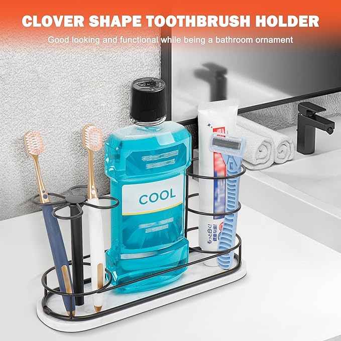 HarJue Toothbrush Holder Stand for Bathroom, Metal Toothbrush Organizer with Marble Base, Toothbrush Storage Collection for Family, Suitable for Home Hotel Countertop Vanity (Large, Matte Black)