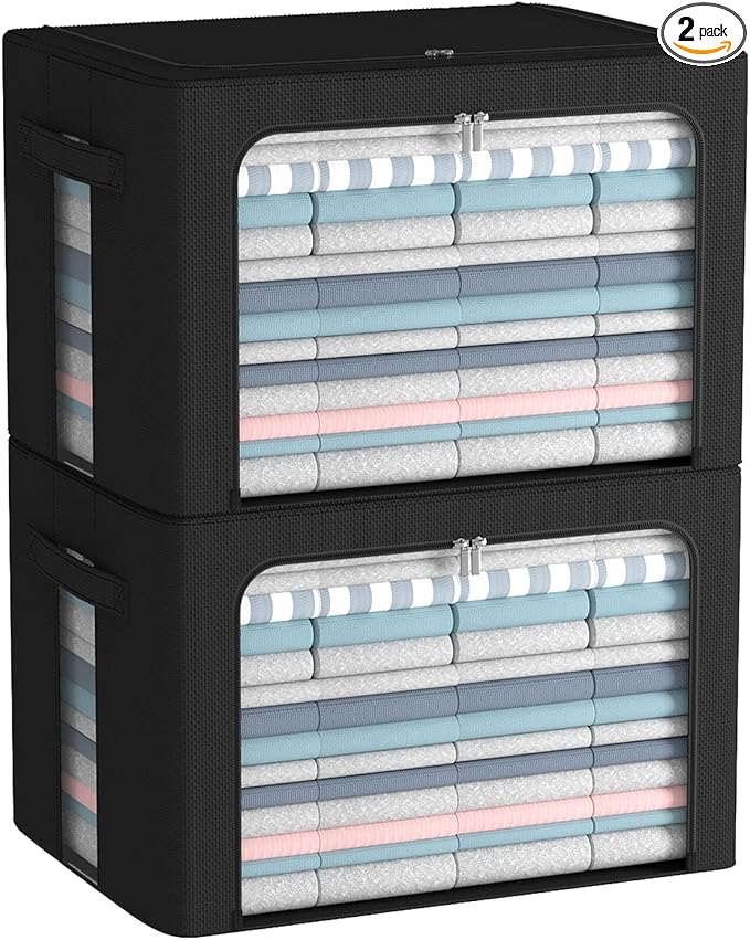 Clothes Storage Bins Box - Linen Fabric Foldable Stackable Container Organizer Set with Clear Window & Carry Handles & Metal Frame (Black, Large-66L)-NeatNest