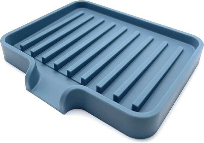Happitasa Silicone Soap Dish Tray and Sponge Holder with Drain Chute, Pack of 2 | Bathroom and Kitchen Sink Organizer Caddy (Smoky Blue, 5.2"x4", 7.2 Ounces)-NeatNest