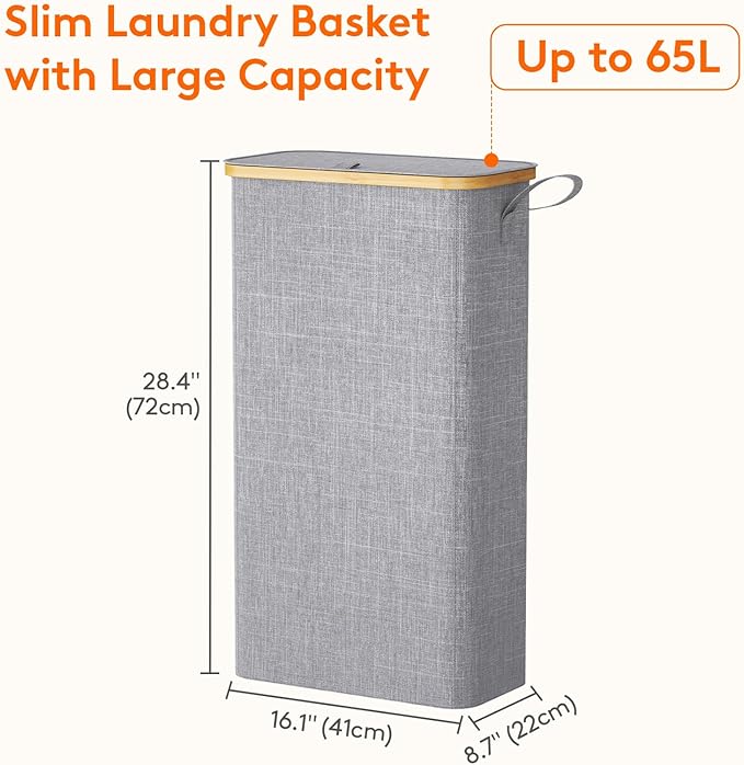 Lifewit 65L Slim Laundry Hamper with Lid, Narrow Laundry Basket with Removable Bag & Bamboo Handles, Fodable Thin Dirty Clothes Hamper for Laundry Collapsible Bin for Bathroom Bedroom Dorm, Gray-NeatNest