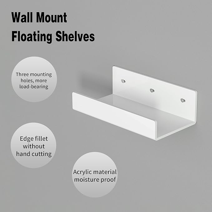 7 Inches White Acrylic Wall Display Shelves 2 Pack, U Shape, Wall Shelves Organizer for Bottles, Small Plants, Picture Frames, Beer, Wine, Décor-NeatNest