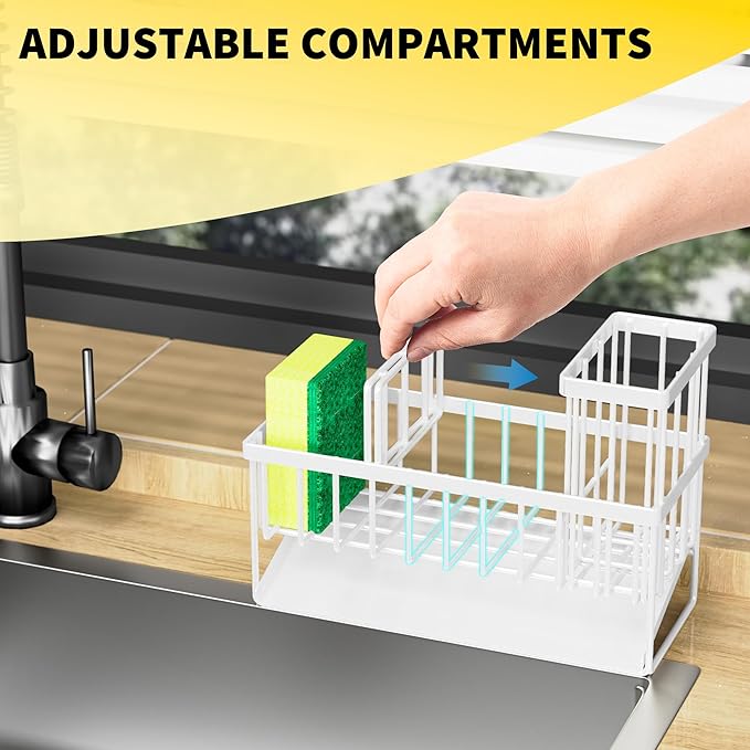 Cisily Sink Caddy Sponge Holder for Kitchen Sink, 304 Stainless Steel Rustproof, Kitchen Sink Caddy with High Brush Holder, Kitchen Sink Organzier Dish Sponge Organizer with Divider(White)-NeatNest