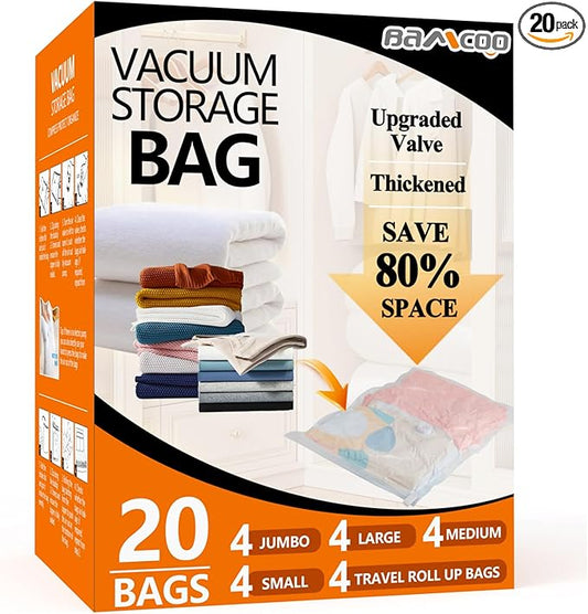 Space Saver Vacuum Storage Bags Upgraded 20 Pack(4 Jumbo 4 Large 4 Medium 4 Small 4 Roll Up) Vaccine Sealed Storage Bags, Vacuum Seal Compression Suction Bag for Packing Blankets Comforters-NeatNest