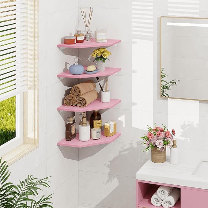 Homode Corner Shelf Wall Mount, Set of 4 Corner Floating Shelves, Wood Hanging Storage Shelving with Cord Hole, Wall Shelf Organizer for Bathroom Bedroom Living Room Office, Pink-NeatNest