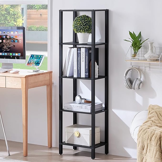 54in Tall Bookshelf 5-Tier Small Narrow Bookcase, Skinny Book Shelf for Small Space, Farmhouse Slim Shelf with Storage, Wood Freestanding Display Thin Bookshelves for Living Room, Office, Black