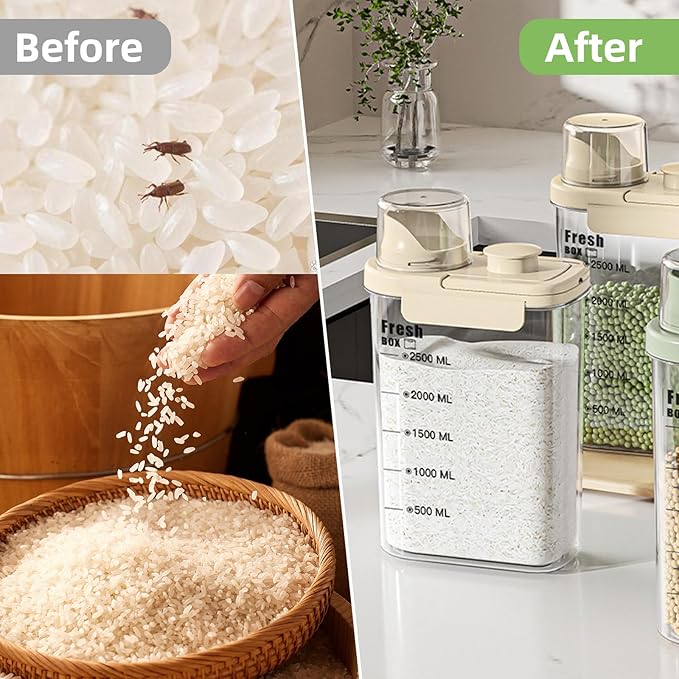 Airtight Rice Storage Container,with Pour Spout & Measuring Cup, BPA-Free - Transparent Dry Food Canister for Cereal, Flour, Pet Food, Oatmeal, Pantry Storage (Light Grass Green, 1600ml)