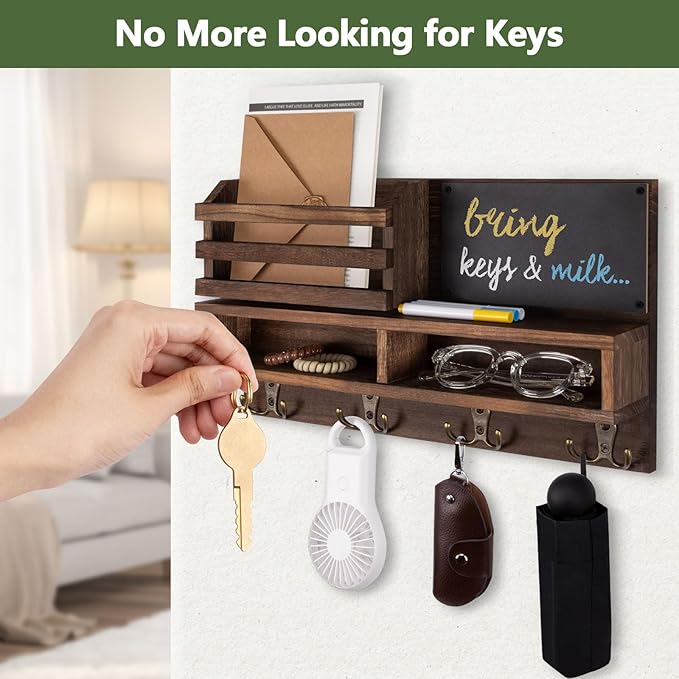 Key Holder for Wall, Wall Mounted Mail Holder Wooden with Shelf & 3 Liquid Chalks & Chalkboard, Mail Sorter Organizer, Rustic Home Decor - Entryway Living Room (15.98”W x 9.1”H x 3.3”D), Brown