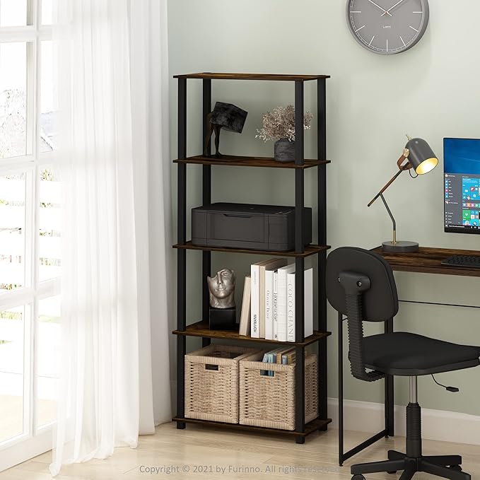 Furinno Turn-S-Tube 5-Tier Multipurpose Shelf Display Rack with Square Tubes, Amber Pine/Black-NeatNest