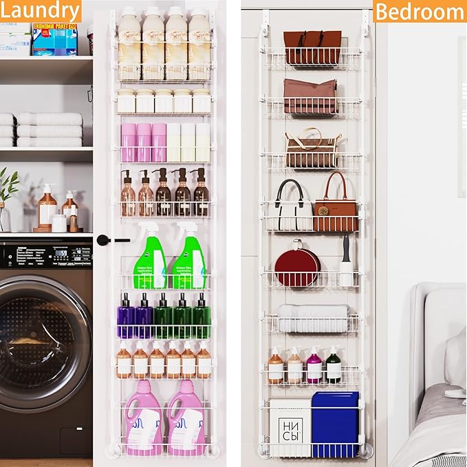 Over The Door Pantry Organizers, Pantry Door Organizer and Storage with Adjustable Baskets,Heavy-Duty Metal Spice Rack,Over The Door Organizers for Kitchen,Bathroom (White, 8tier)