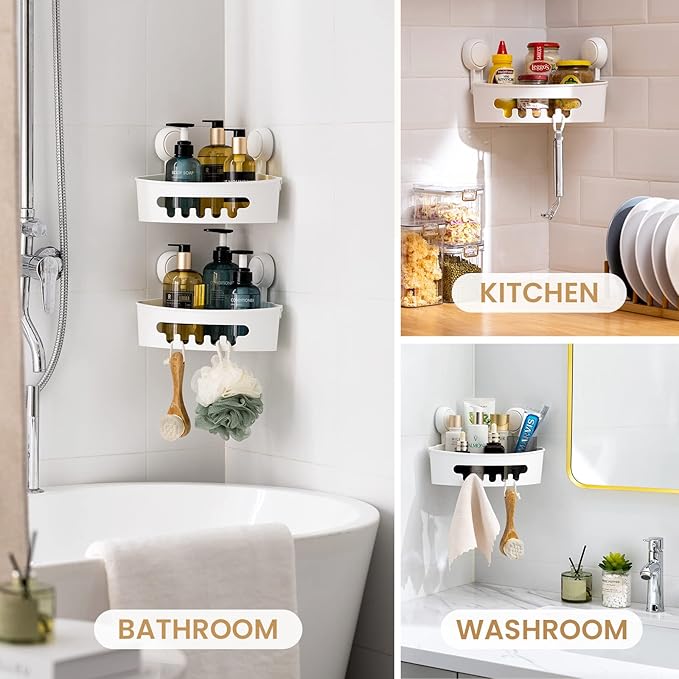 LEVERLOC Corner Shower Caddy Suction Cup, Shower Caddy Basket Powerful Suction Bathroom, Waterproof & Rustproof Organizer for Bathroom Storage, No-Drilling Removable (White)