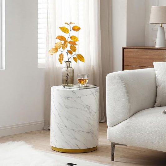 kevinplus White Side Table End Table for Living Room, Circle Wood, Faux Marble Grain, White & Gold (ø15.7'' x 19.6'')