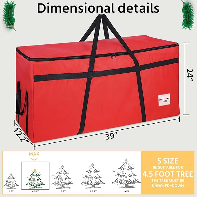 4.5 ft Christmas Tree Storage Bag, Heavy Duty Christmas Tree Bag with Reinforced Handles and Dual Zippers Wide Opening, Large Capacity fits for Artificial Christmas Tree (Red, 4.5 ft)-NeatNest