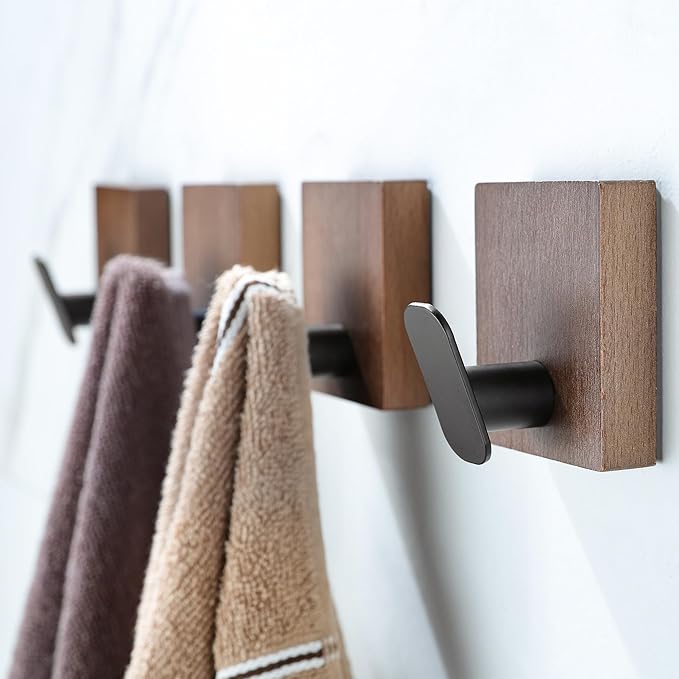 DELITON Adhesive Towel Hooks,Wall Hooks for bathrooms Without Drilling, Wood Wall Hooks for Hanging Robe, Towel, Bag Stick on Farmhouse Bathroom Bedroom Entryway 4 Packs Burned Brown-NeatNest