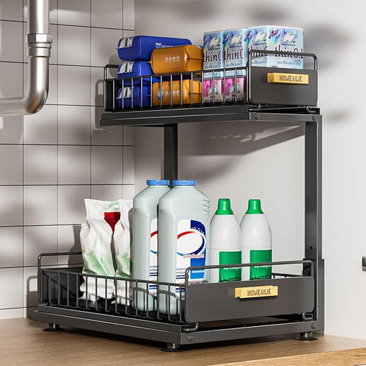 Under Sink Organizer, High Adjustable 2 Tier Under Kitchen Sink Organizer, Multi-Purpose Storage Shelf for Kitchen Bathroom Cabinet, Black-NeatNest