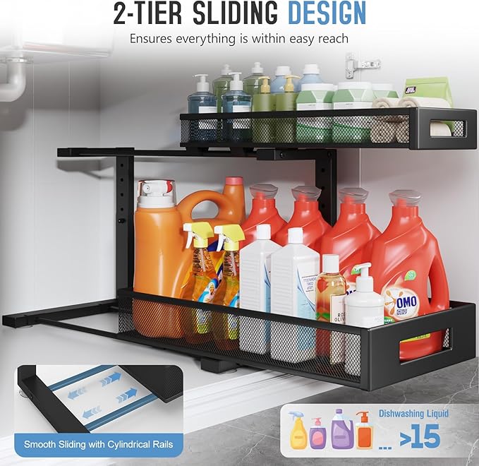 1 Pack 19IN Depth Under Sink Storage Organizer, Large 2-Tier Elegant Mesh Pull Out Shelf for Kitchen and Bathroom Cabinet Organization, L-Shaped and Adjustable Height Design-Black-NeatNest