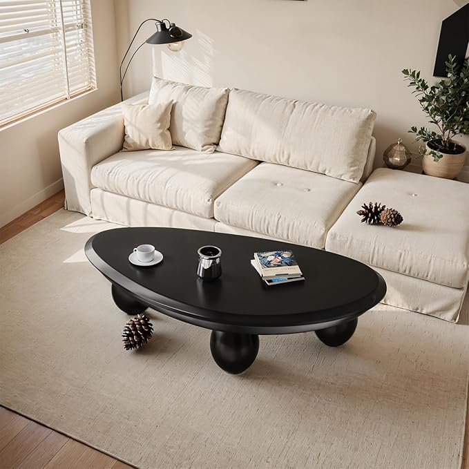 Irregular Coffee Table with 3 Oval Legs Cream White Live Edge Coffee Table Modern Cute Cloud Indoor Central Table Low Tea Table for Living Room Easy Assembly,Water Drop c Black 39.4"