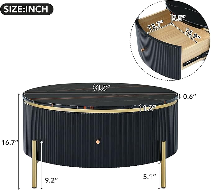 31.5'' Modern Round Coffee Table with 2 Large Drawers Storage Accent Table for Living Room(31.5'')