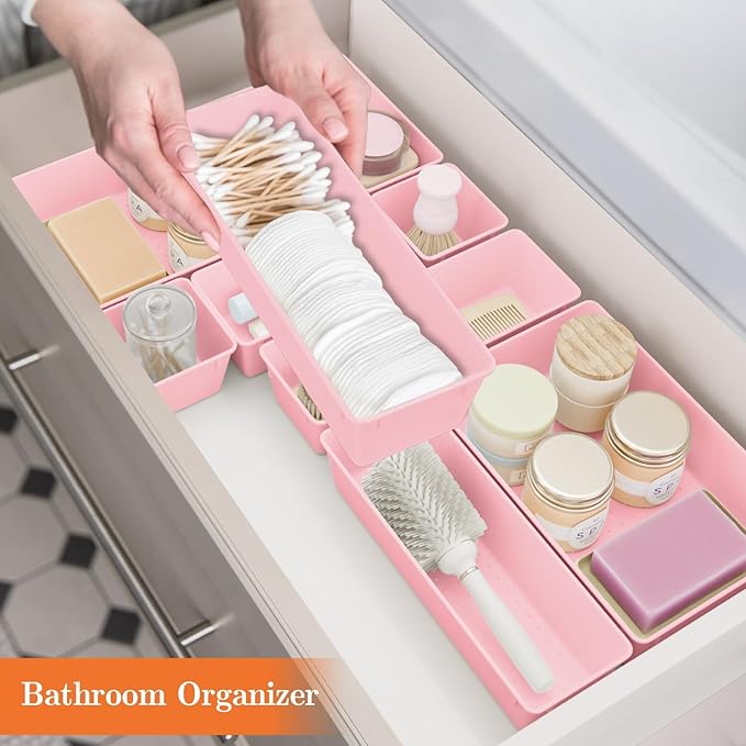 25 PCS Plastic Drawer Organizer Set, 4-Size Versatile Organizer Trays & storage Bins for Makeup, Jewelry, and Gadgets in Bathroom, Bedroom and Office, Pink-NeatNest