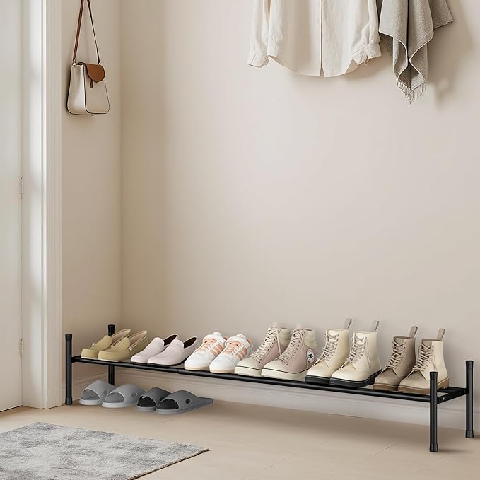 STORAGE MANIAC Long Expandable Shoe Rack, 6 Pairs Metal Wide Stackable Shoe Rack, Adjustable Shoes Shelf, Freestanding Shoes Organizer for Closet, Entryway, Hallway, Garage, Front Door, 1 Tier-NeatNest